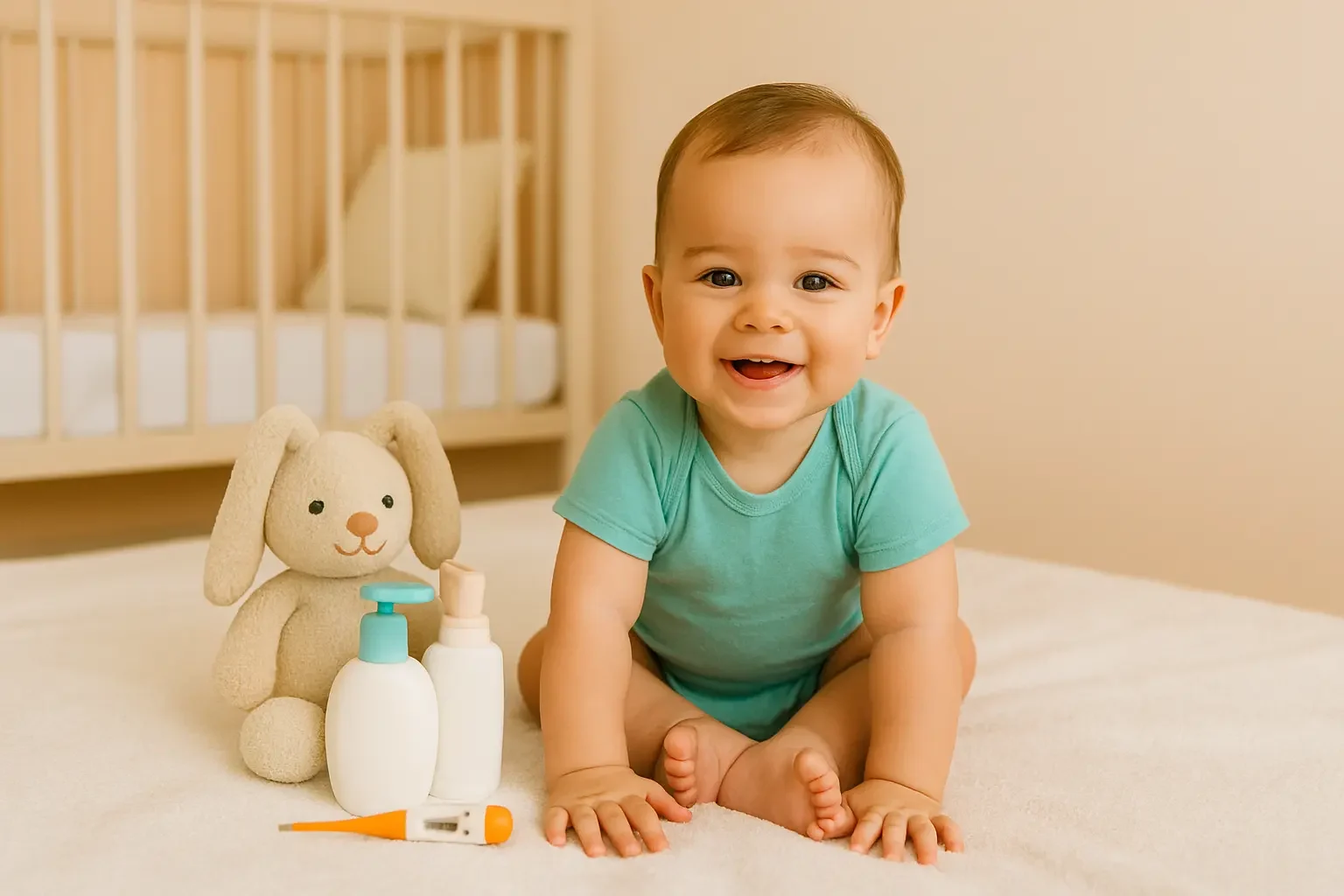 smiling baby sitting with toy bunny and milk bottle baby health wowmama